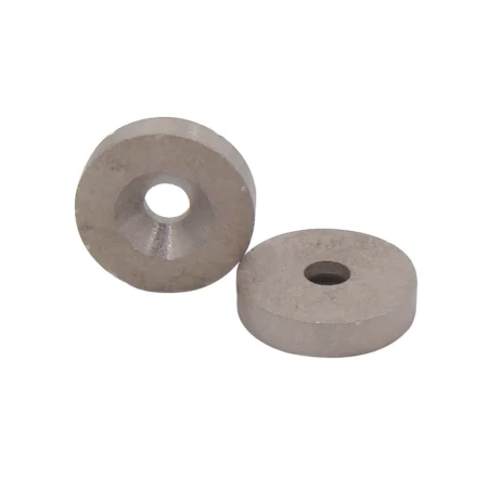 Two circular samarium cobalt magnets, the patterns of the magnets themselves can be clearly seen