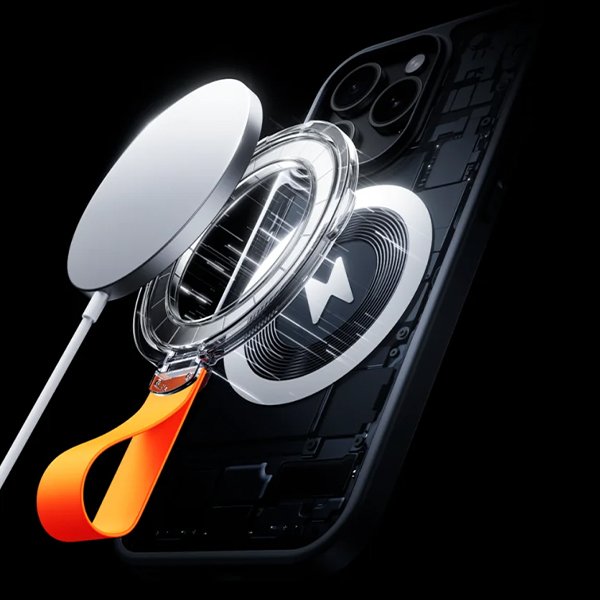 Magsafe magnet ring hovers above a phone, white light rays symbolize magnetic charging, emphasizing futuristic power delivery