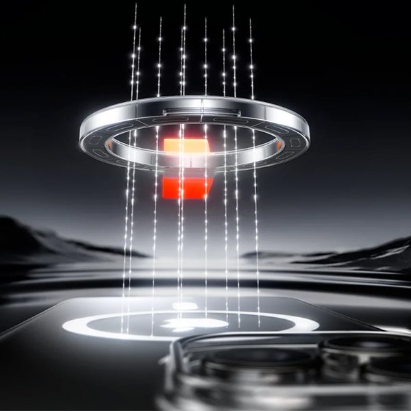 Magsafe magnet ring hovers above a phone, white light rays symbolize magnetic charging, emphasizing futuristic power delivery