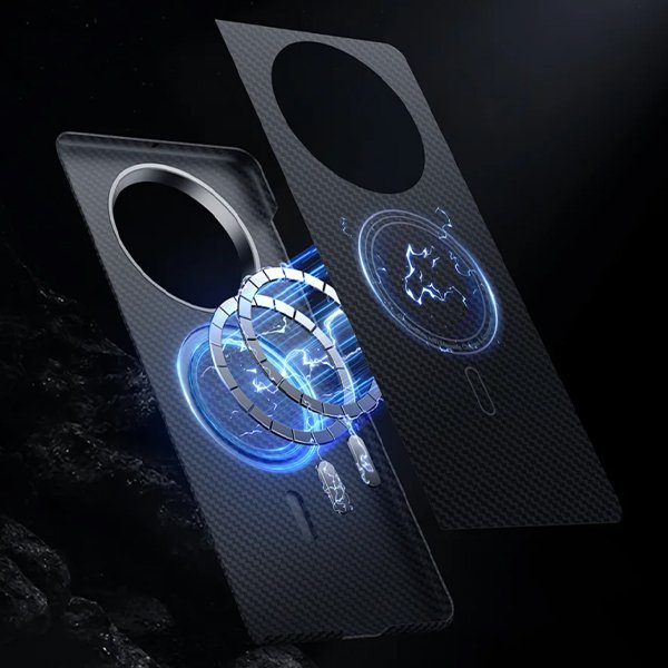 Two phone cases with circular Magsafe magnets, blue energy circles show charging readiness, highlighting magnetic compatibility