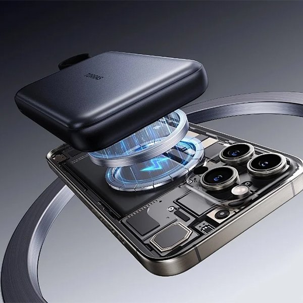Power bank magnetically connected to a phone, transparent blue energy shows Magsafe magnet at work, demonstrating portable wireless charging