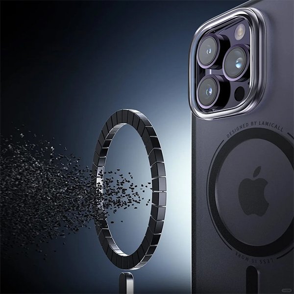 Magsafe magnet ring pulling metallic particles, visualizing strong magnetic attraction for wireless charging alignment