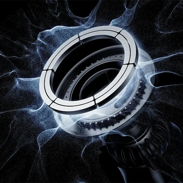 Detailed view of a Magsafe magnet ring, blue energy waves represent magnetic field, emphasizing power for wireless charging