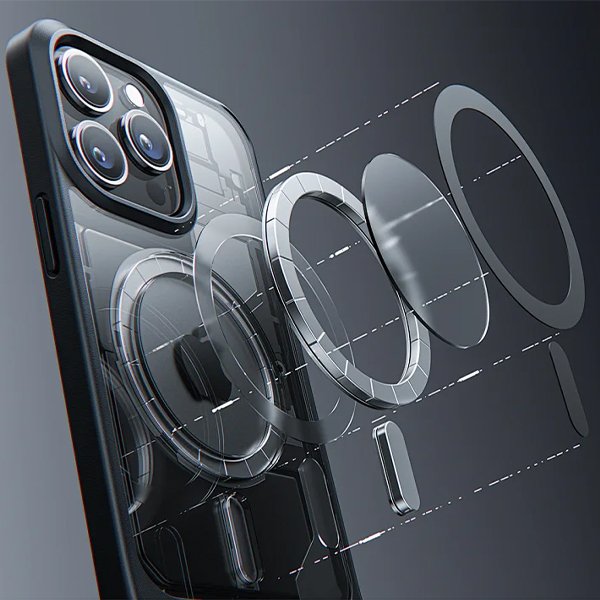 Layered breakdown of a phone case, Magsafe magnet rings displayed to highlight precise positioning for wireless charging compatibility