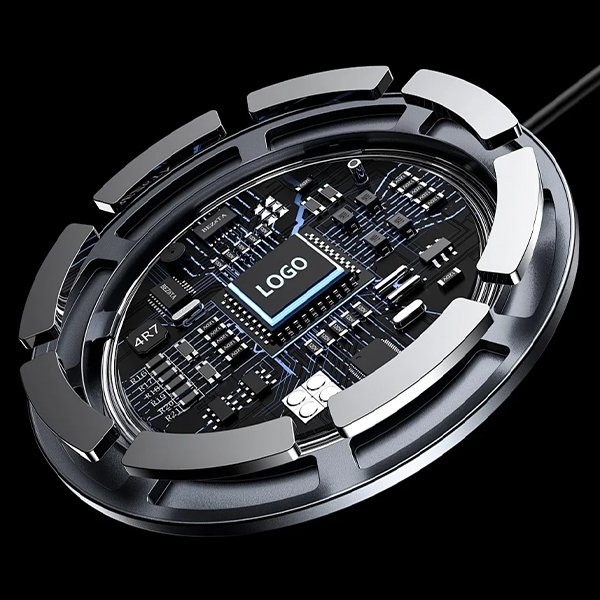 Top - down view of a wireless charger, Magsafe magnet embedded in the device, showcasing hardware integration for magnetic charging