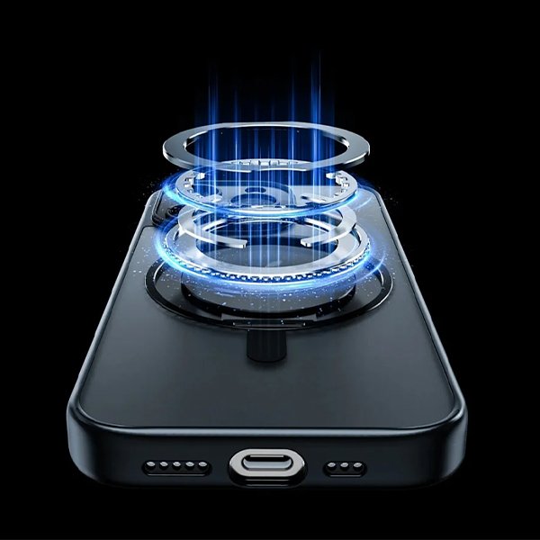 Phone charging on a pad, Magsafe magnet visualized with blue beams transferring energy, depicting wireless power transfer