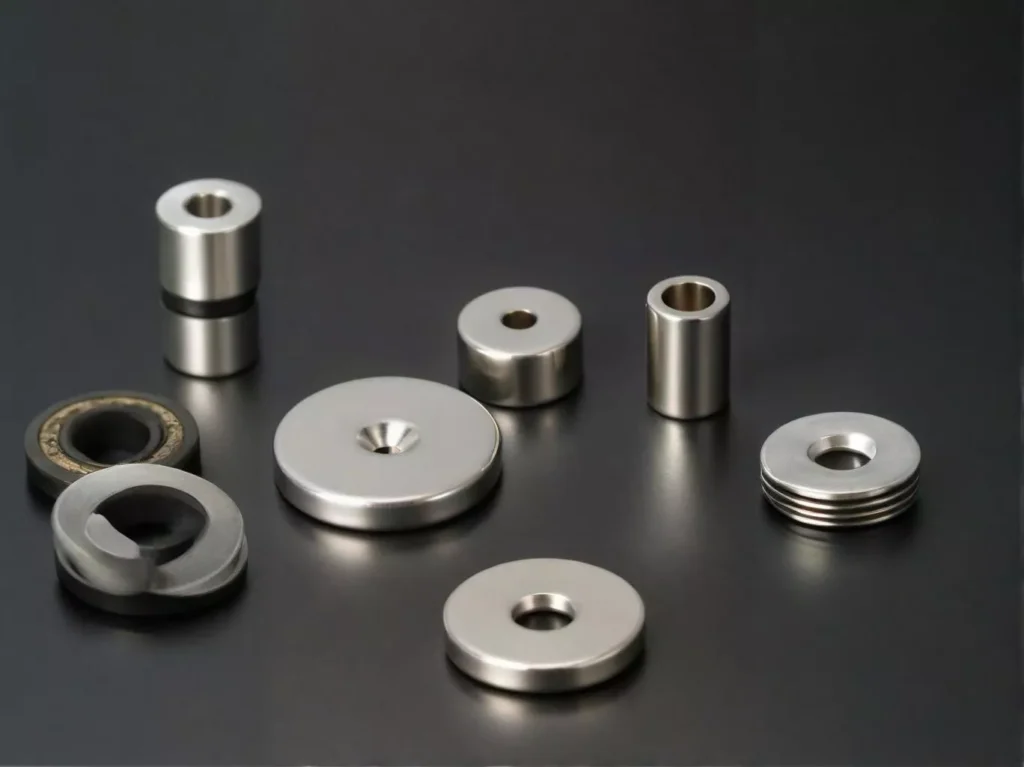 Neodymium magnets of various sizes, from small cylindrical ones to larger, more complex shapes, displayed on a dark surface.