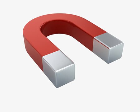 3D rendering of a red horseshoe magnet with silver poles, showcasing its classic U - shape design