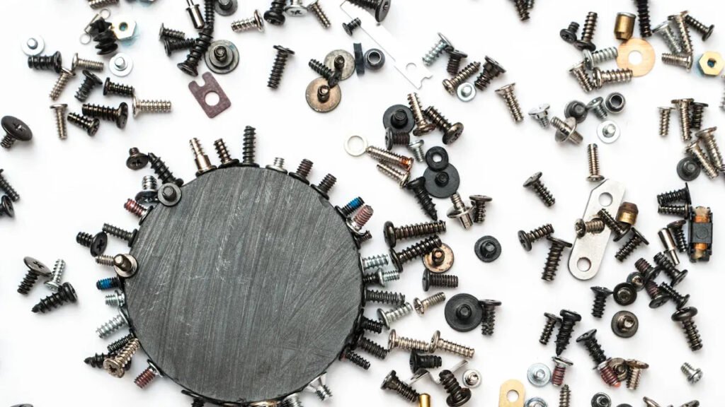 Assorted small metal parts demonstrating bar magnet metal - attracting property