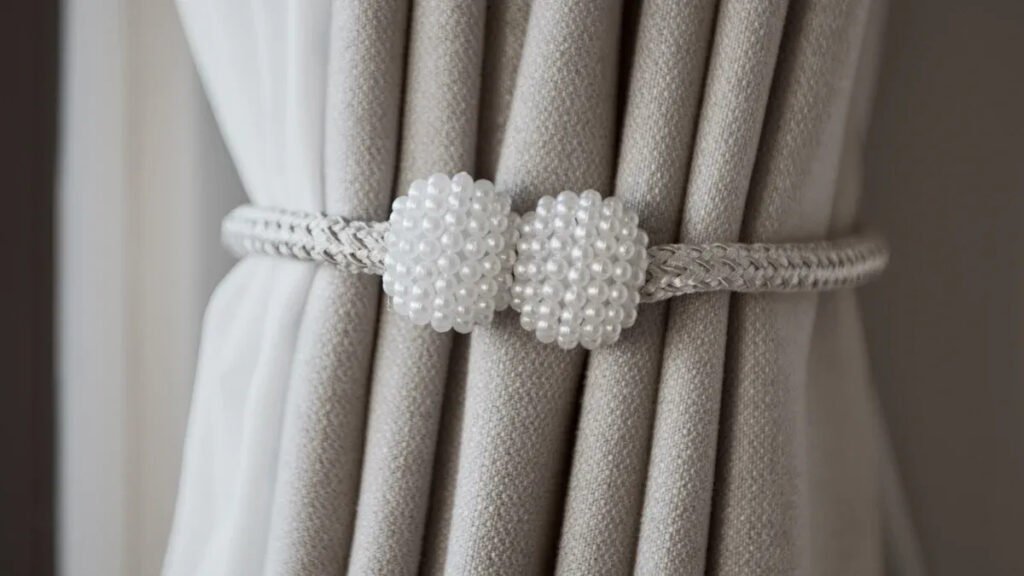 Magnetic curtain tieback with bead detailing, showing a decorative use of magnetic attraction similar to Magnetic Hooks.