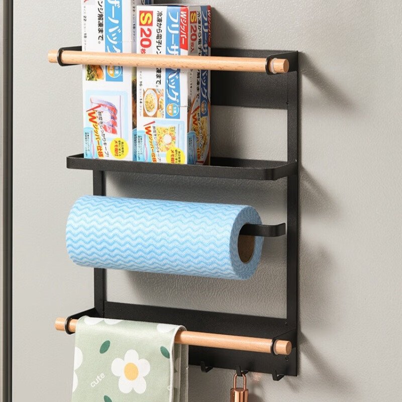 Magnet shelves for fridge with wooden rods, holding kitchen items on a steel surface.