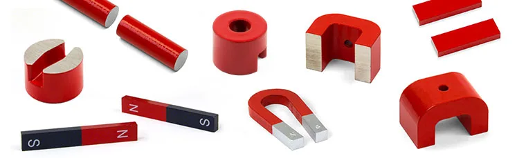 Various shapes of alnico magnet including cylindrical, U-shaped, and rectangular designs