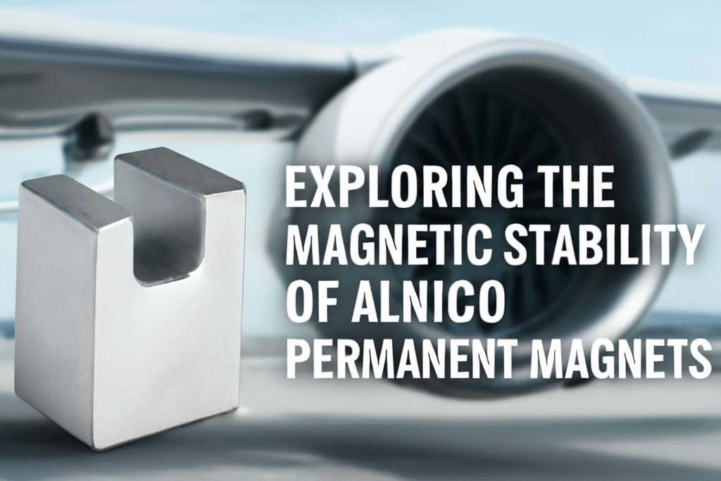 Close-up of an AlNiCo permanent magnet with a U-shaped cutout, set against an aircraft engine.