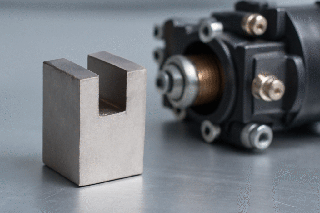 An AlNiCo permanent magnet with a U-shaped cutout placed next to hydraulic components, including a servo valve.
