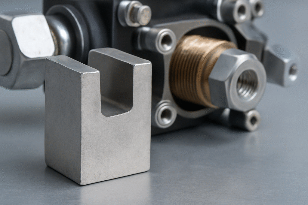 Close-up of an AlNiCo permanent magnet beside a hydraulic assembly, with visible metallic components.