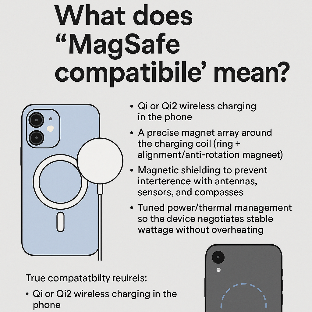 Diagram showing how MagSafe charger compatible phones use Qi or Qi2 charging and magnetic arrays
