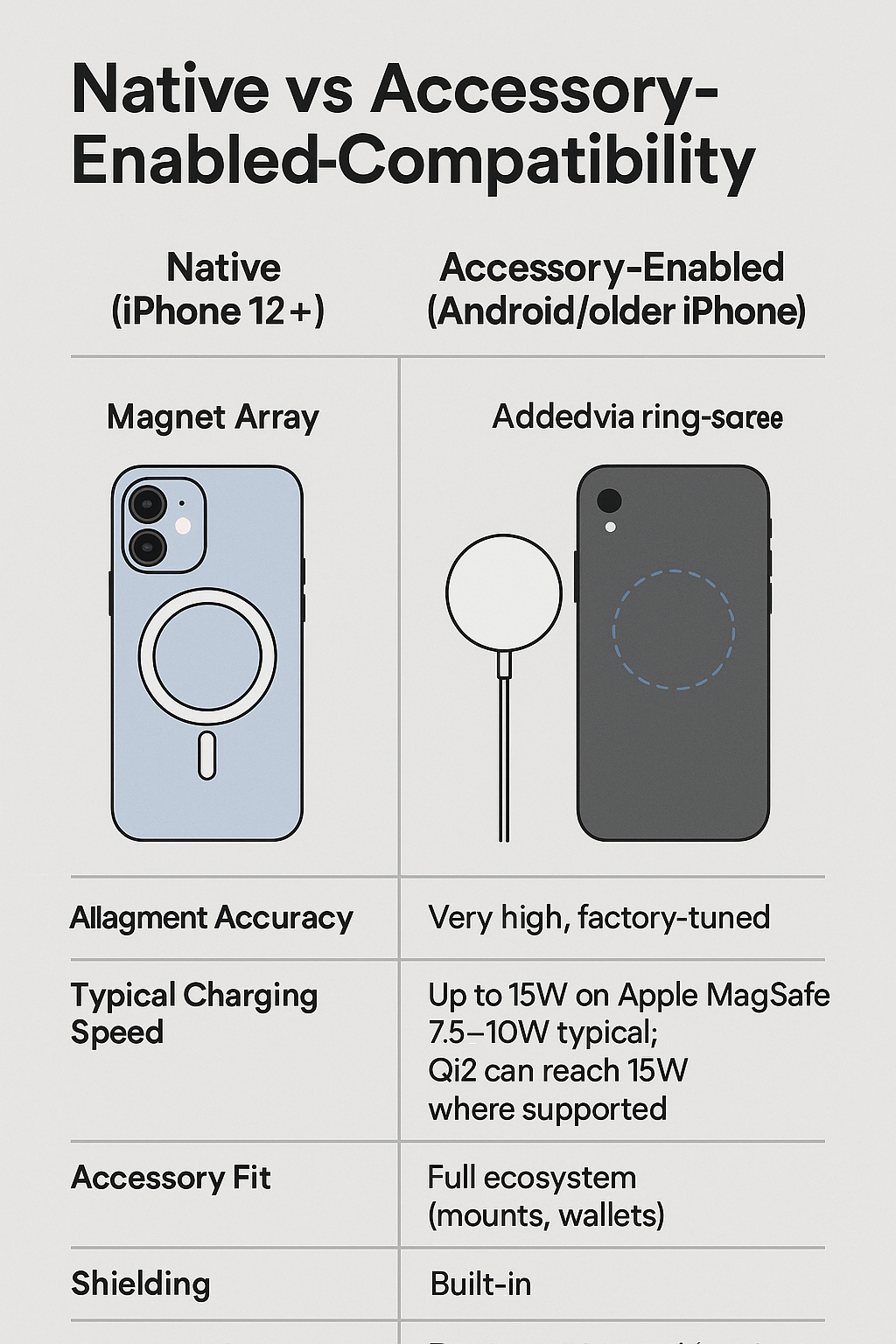 Comparison chart showing MagSafe charger compatible phones with native and accessory-enabled support
