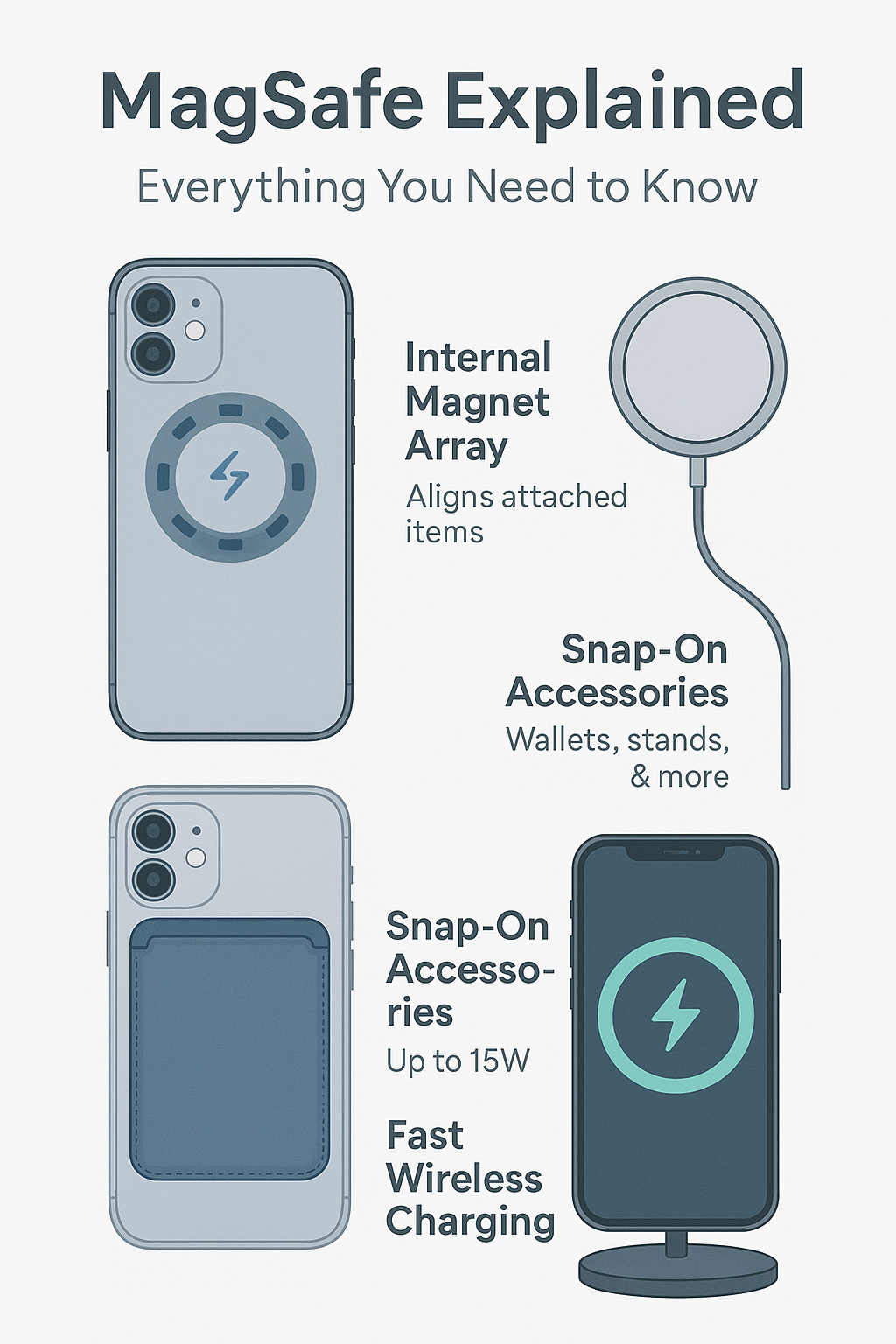MagSafe explained with internal magnet array, snap-on accessories, and fast charging features