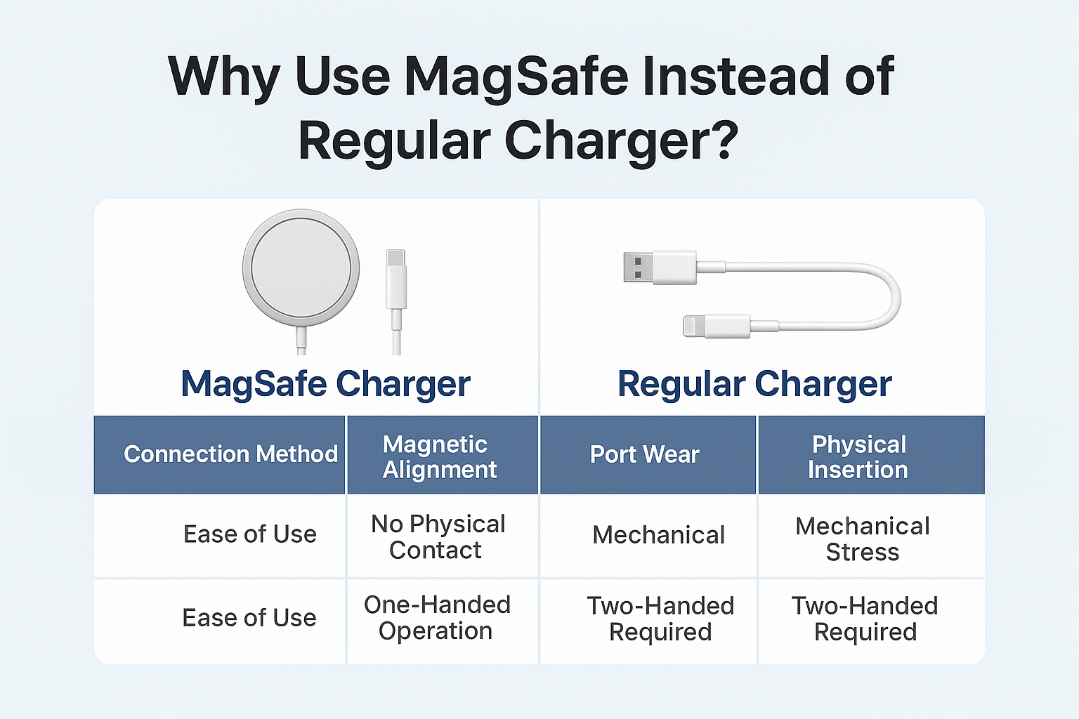 MagSafe explained with chart comparing magnetic alignment vs port wear of regular charger