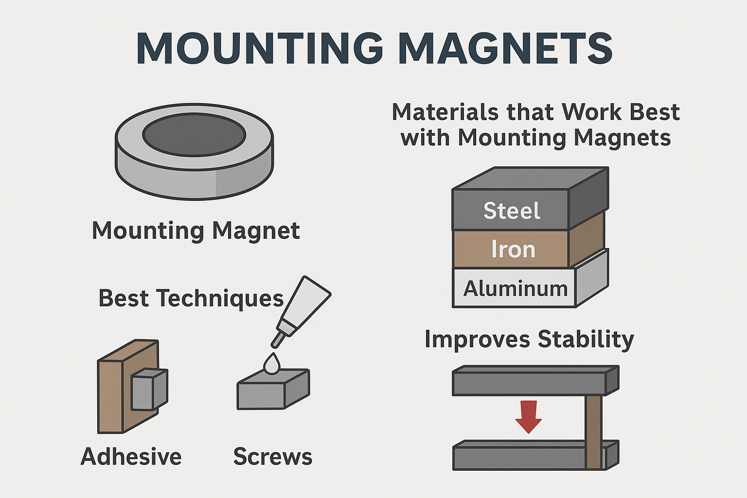 Materials and techniques for using mounting magnets with adhesive or screws