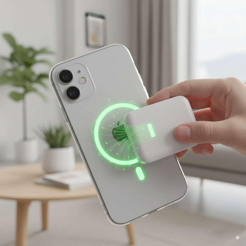 Hand attaching MagSafe magnet power bank to iPhone for seamless wireless charging
