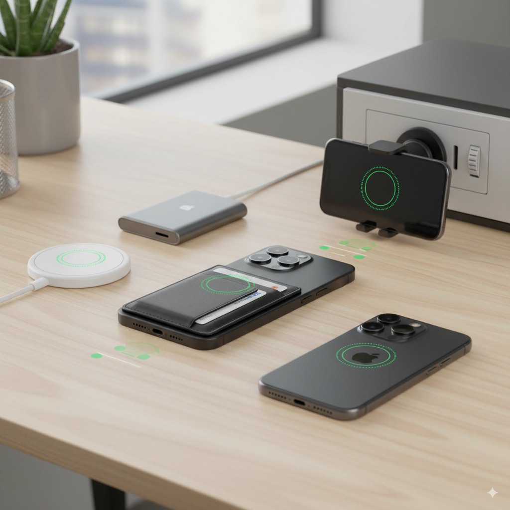 MagSafe magnet charging setup with multiple iPhones and accessories on desk