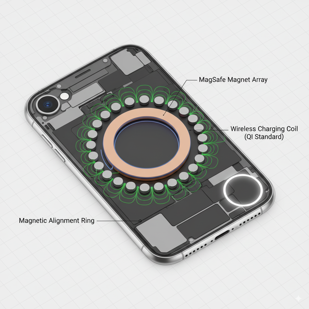 Phone internal view showing MagSafe magnet array, wireless charging coil, and alignment ring