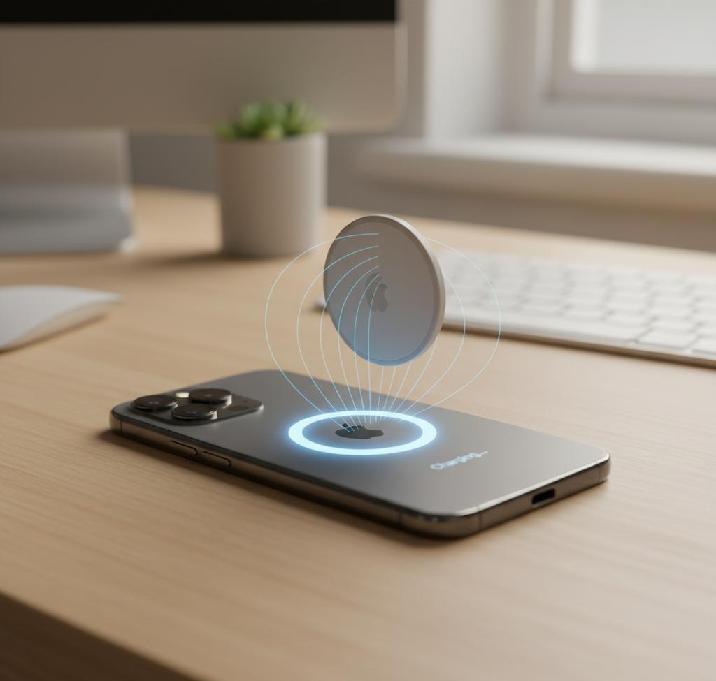 MagSafe magnet charging iPhone on a desk with glowing wireless connection