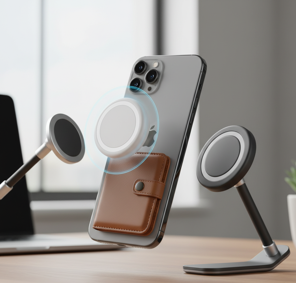 iPhone with MagSafe magnet charger and leather wallet attachment on stand