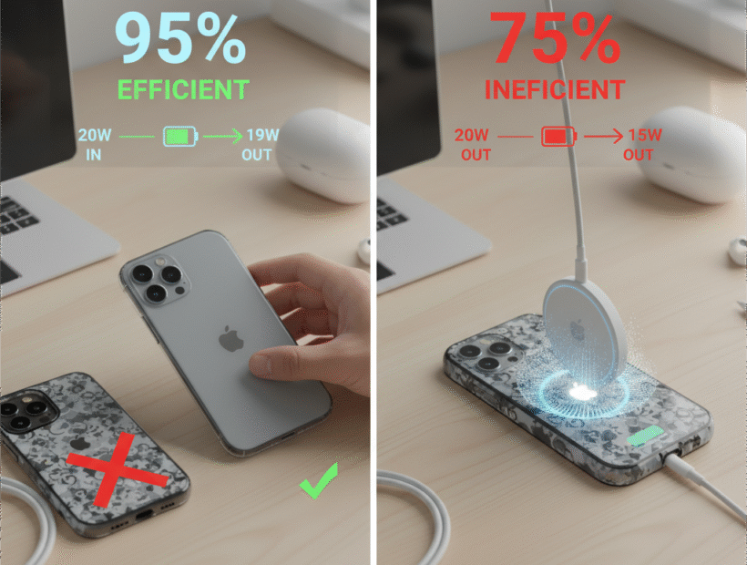 Comparison showing MagSafe charger use more power at 75% efficiency vs 95% wired