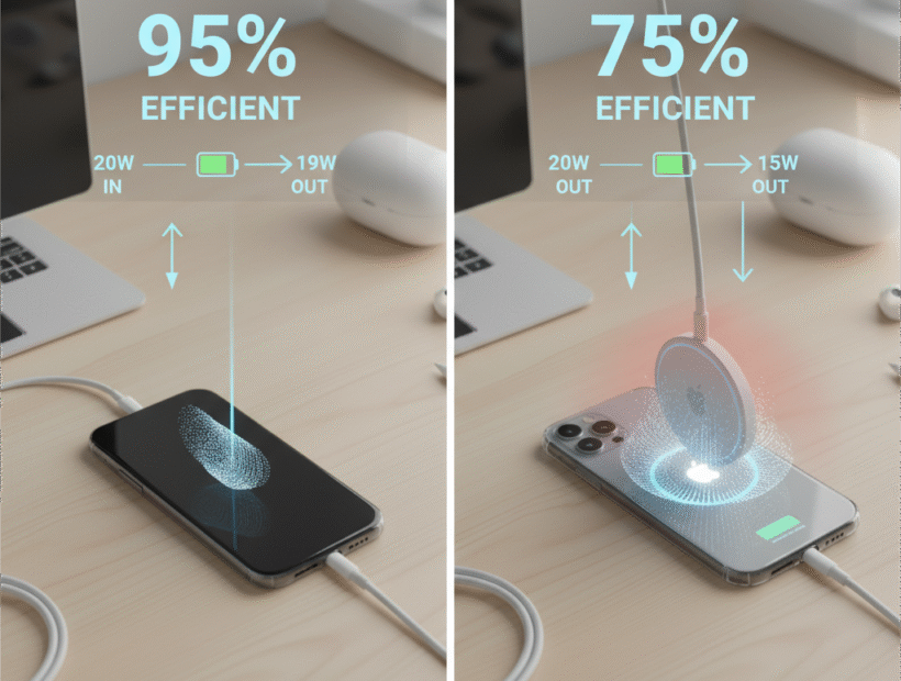 Side-by-side efficiency test showing MagSafe charger use more power vs wired charger