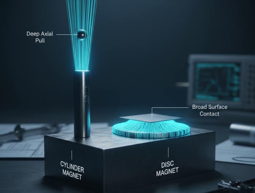 Cylinder magnets vs disc magnets magnetic field comparison with axial pull and broad surface contact