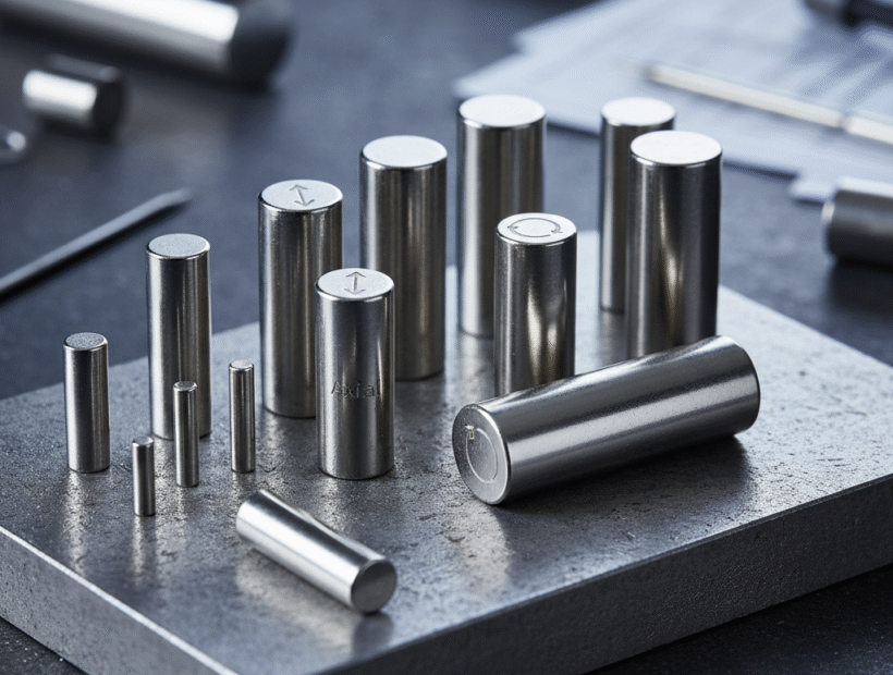 Cylinder magnets vs disc magnets in multiple sizes displayed on a gray industrial surface