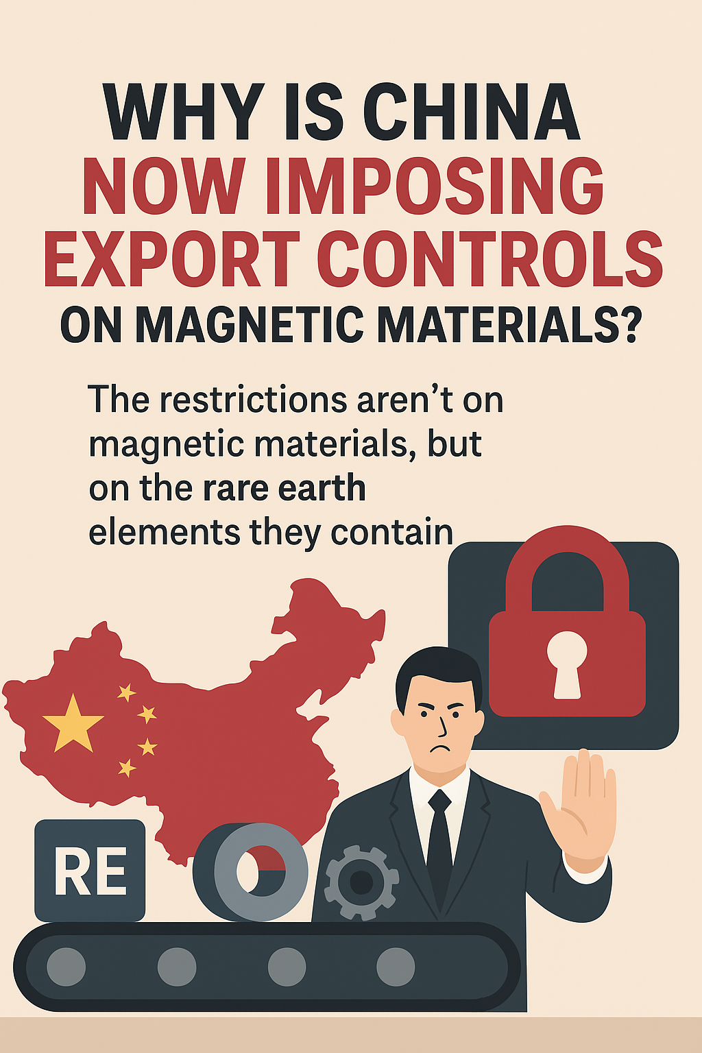 Infographic explaining why China is imposing export controls on rare earth magnetic materials, featuring a map of China, a businessman halting exports, and symbols for rare earth elements.